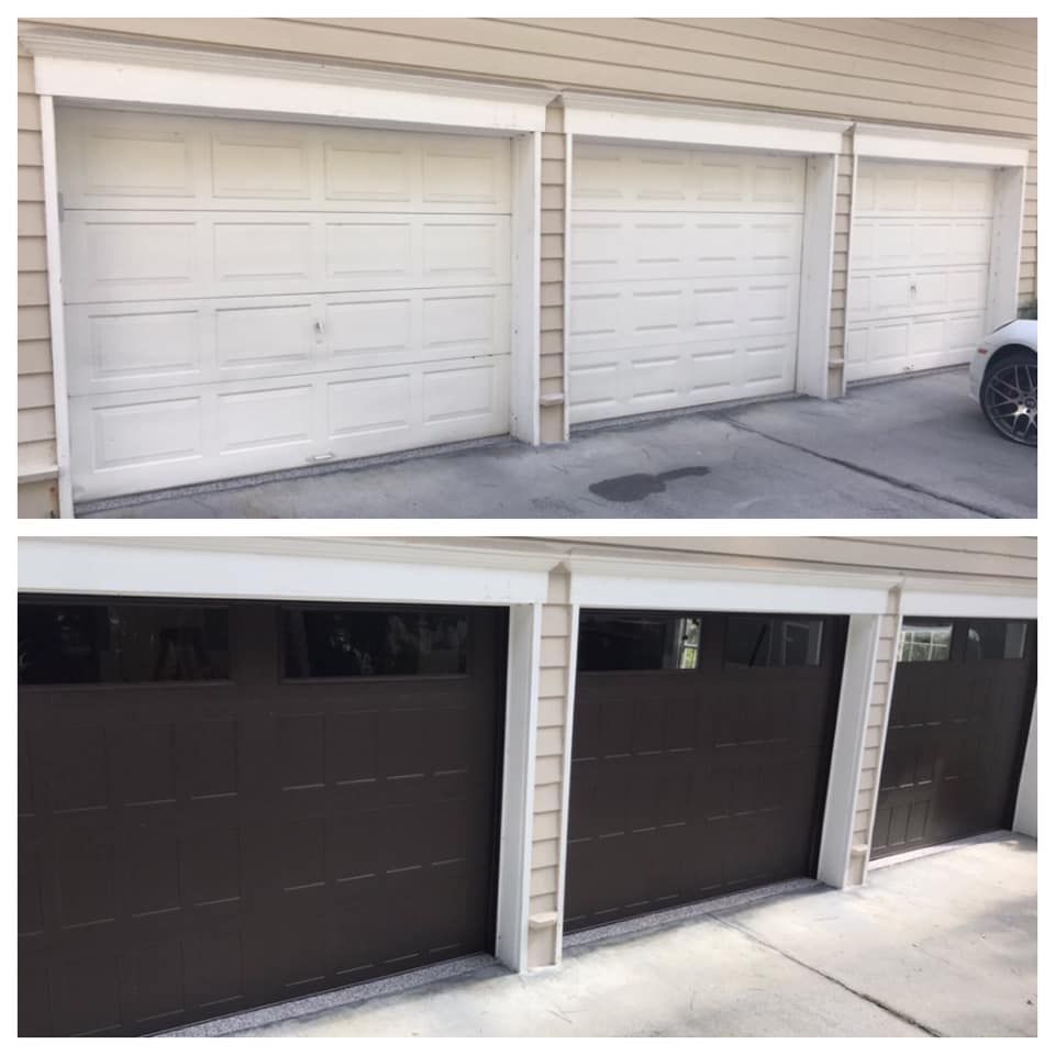A before and after picture of a garage door being painted.