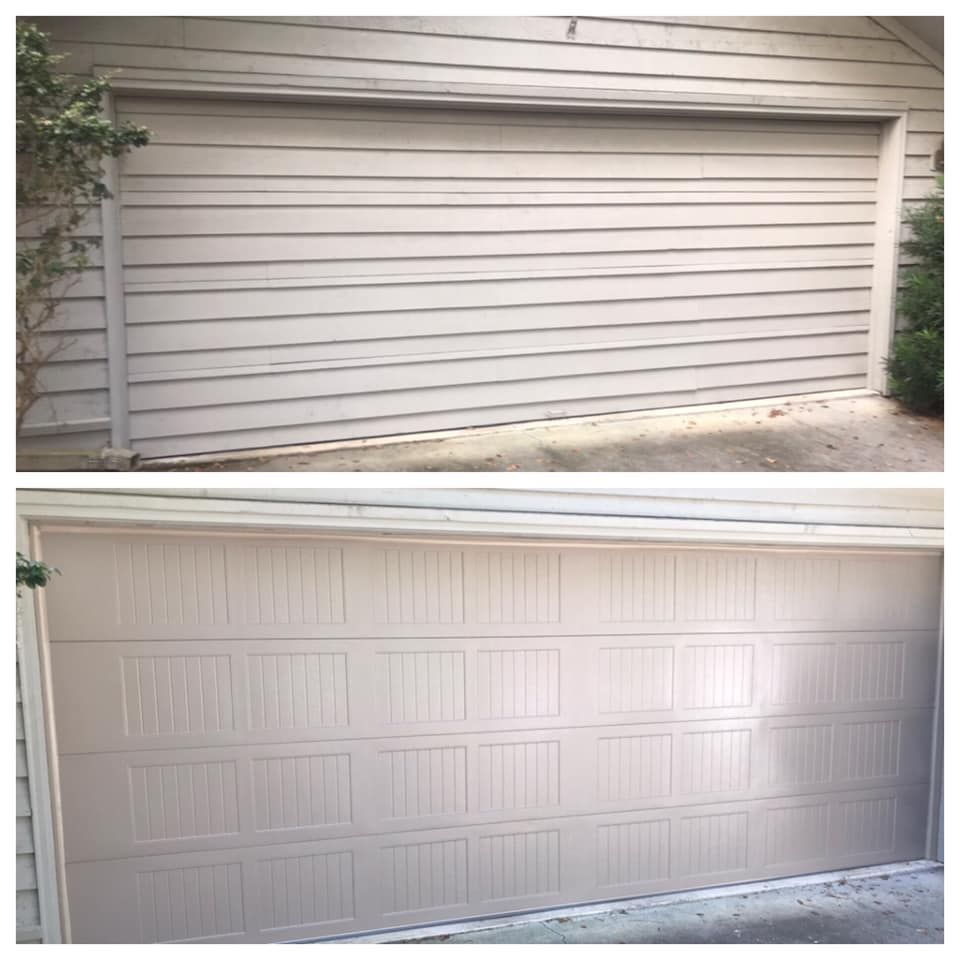A before and after picture of a garage door being painted.