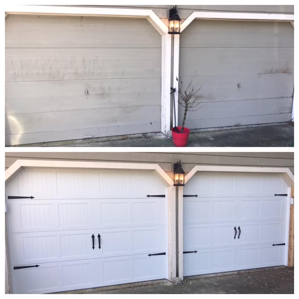 A before and after picture of a garage door being painted white.