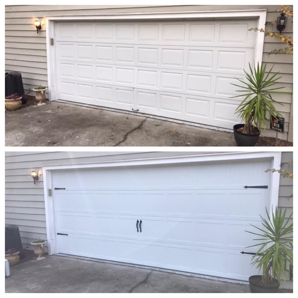 A before and after picture of a white garage door.