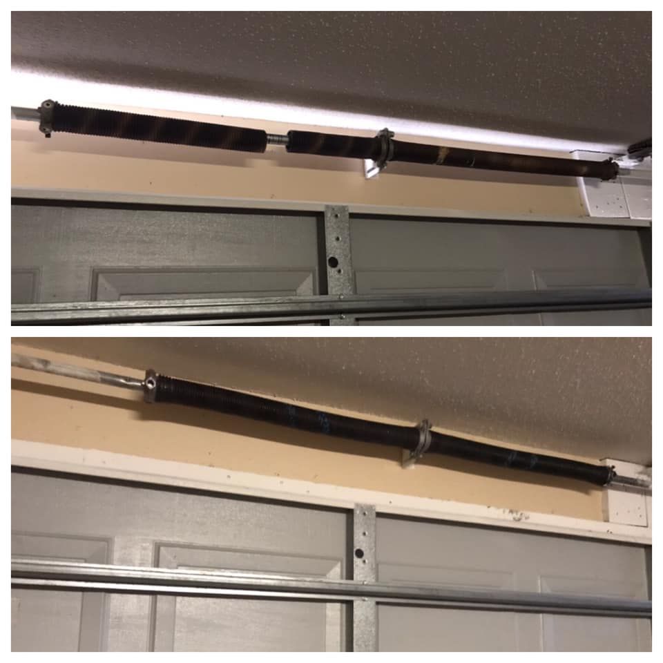 A before and after picture of a garage door spring.
