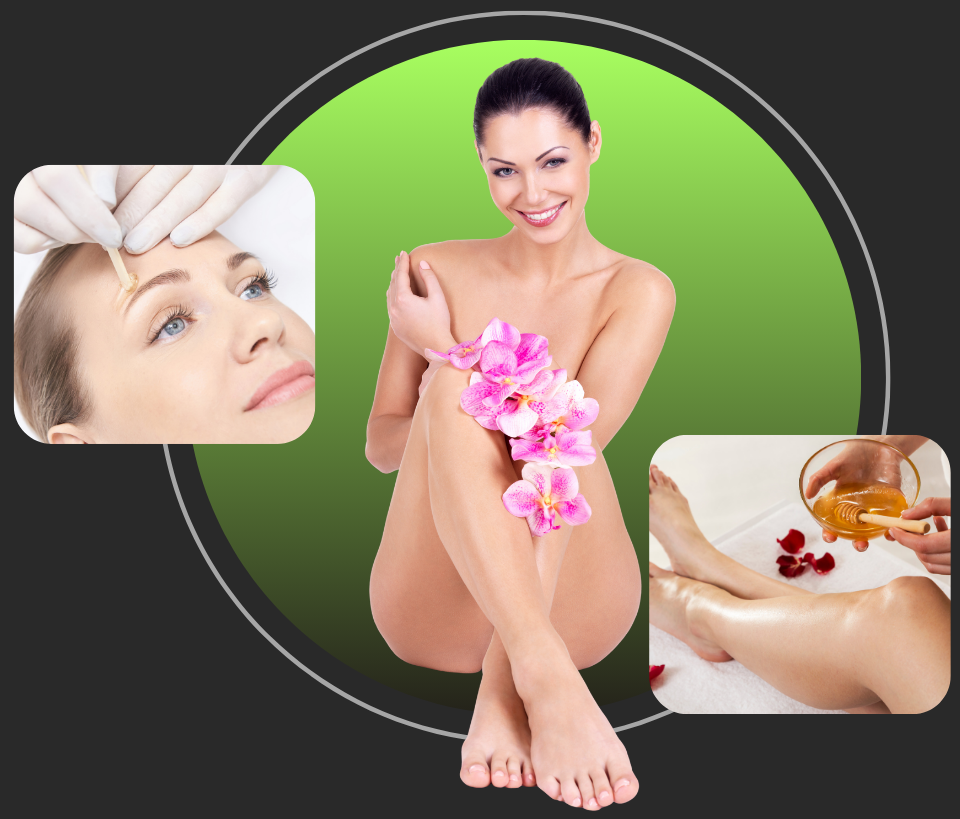 A woman is sitting on a table with flowers on her legs
