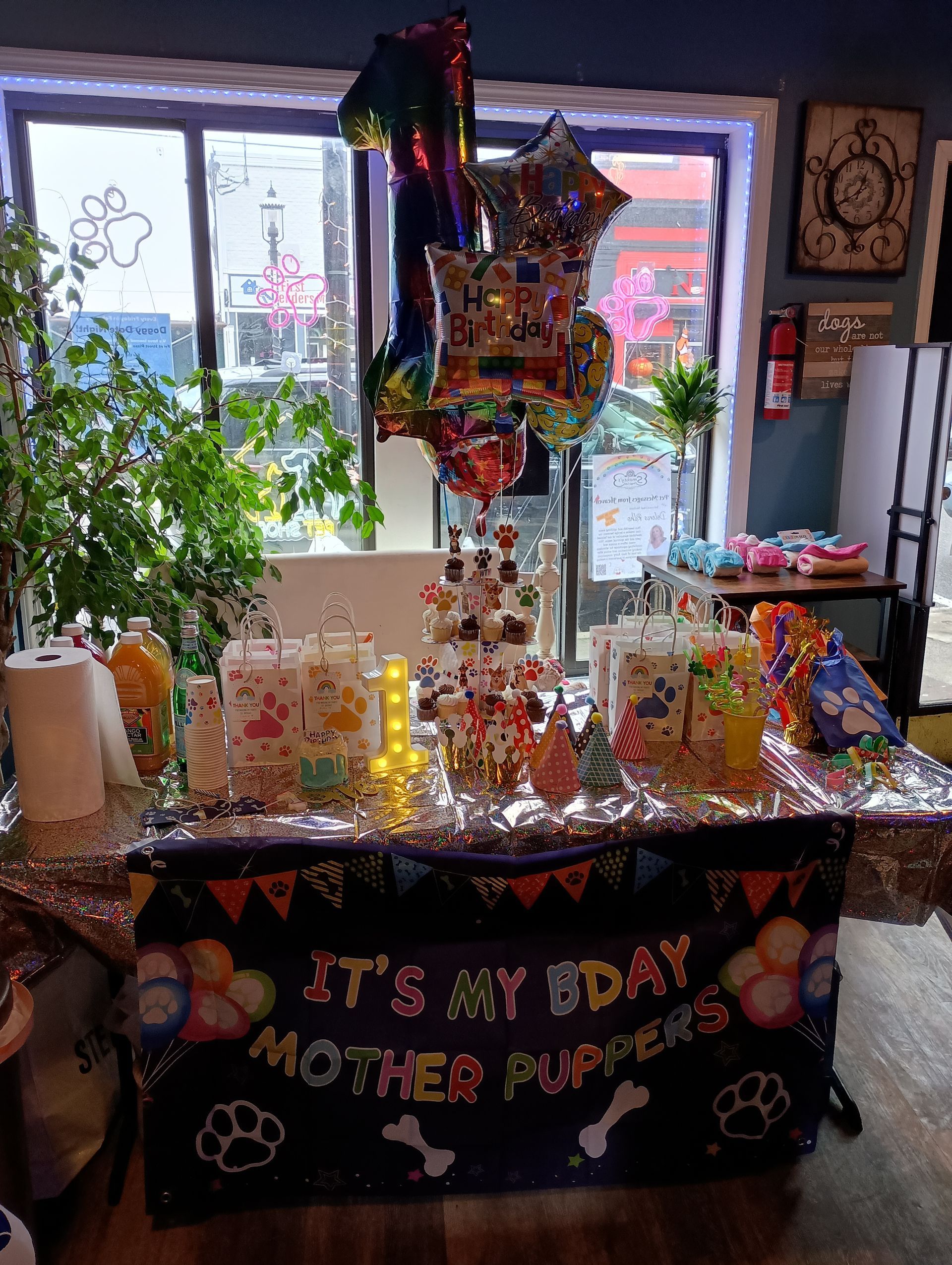 Colorful dog birthday party setup at Smokey’s Doggy Cafe with treats, decorations, and balloons in Keyport, NJ