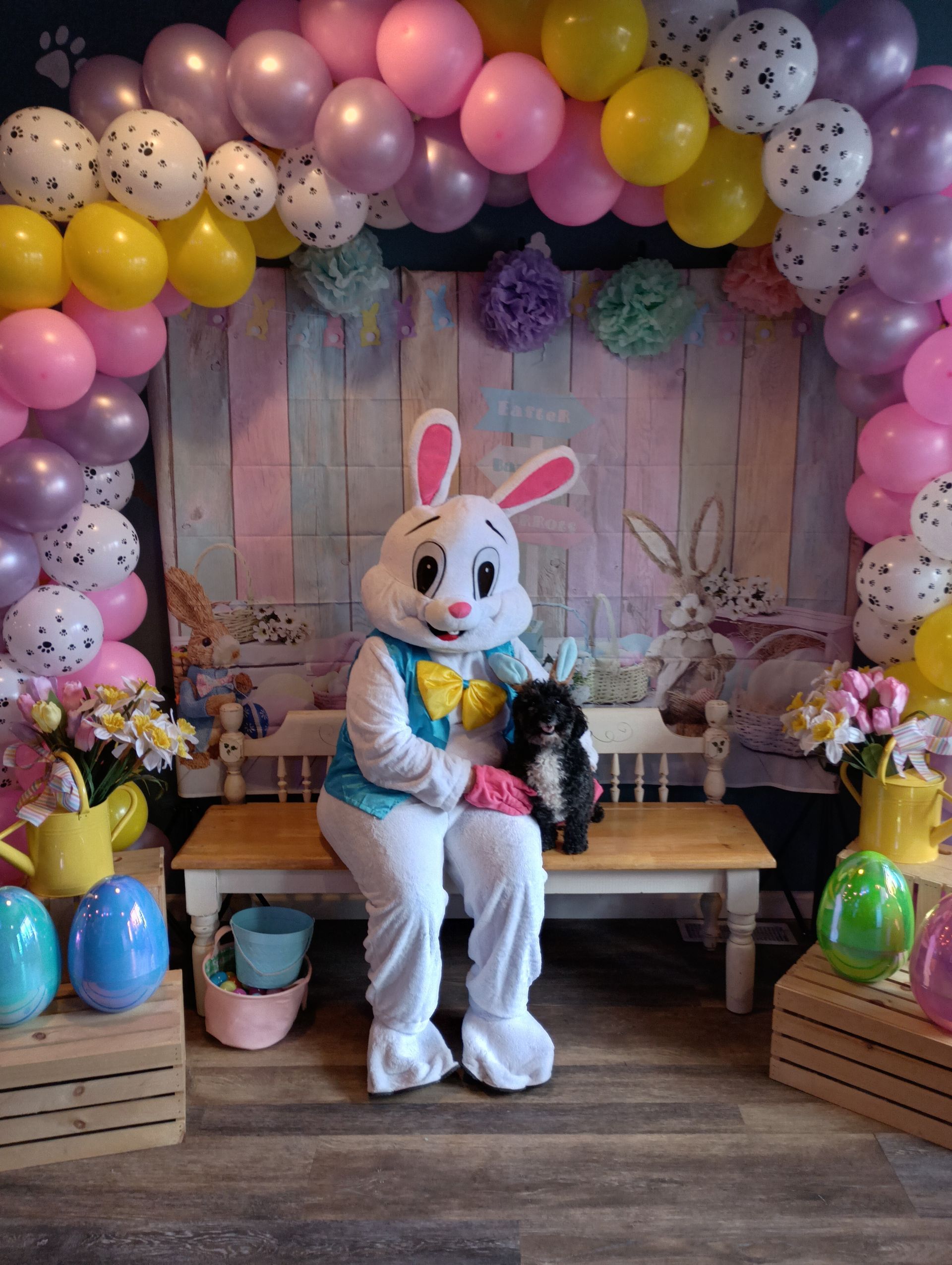 Easter Bunny posing with a dog during a festive pet photo event at Smokey’s Doggy Cafe in Keyport, NJ