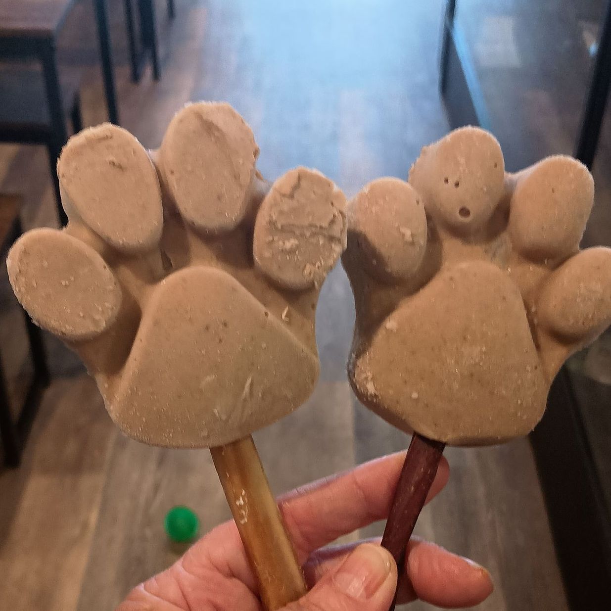 Frozen paw-shaped peanut butter treats for dogs at Smokey's Doggy Cafe in Keyport NJ.