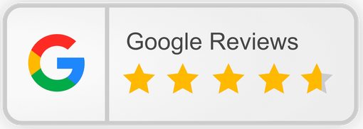 Google Reviews badge with multicolor Google “G” and five gold stars on a light gray background