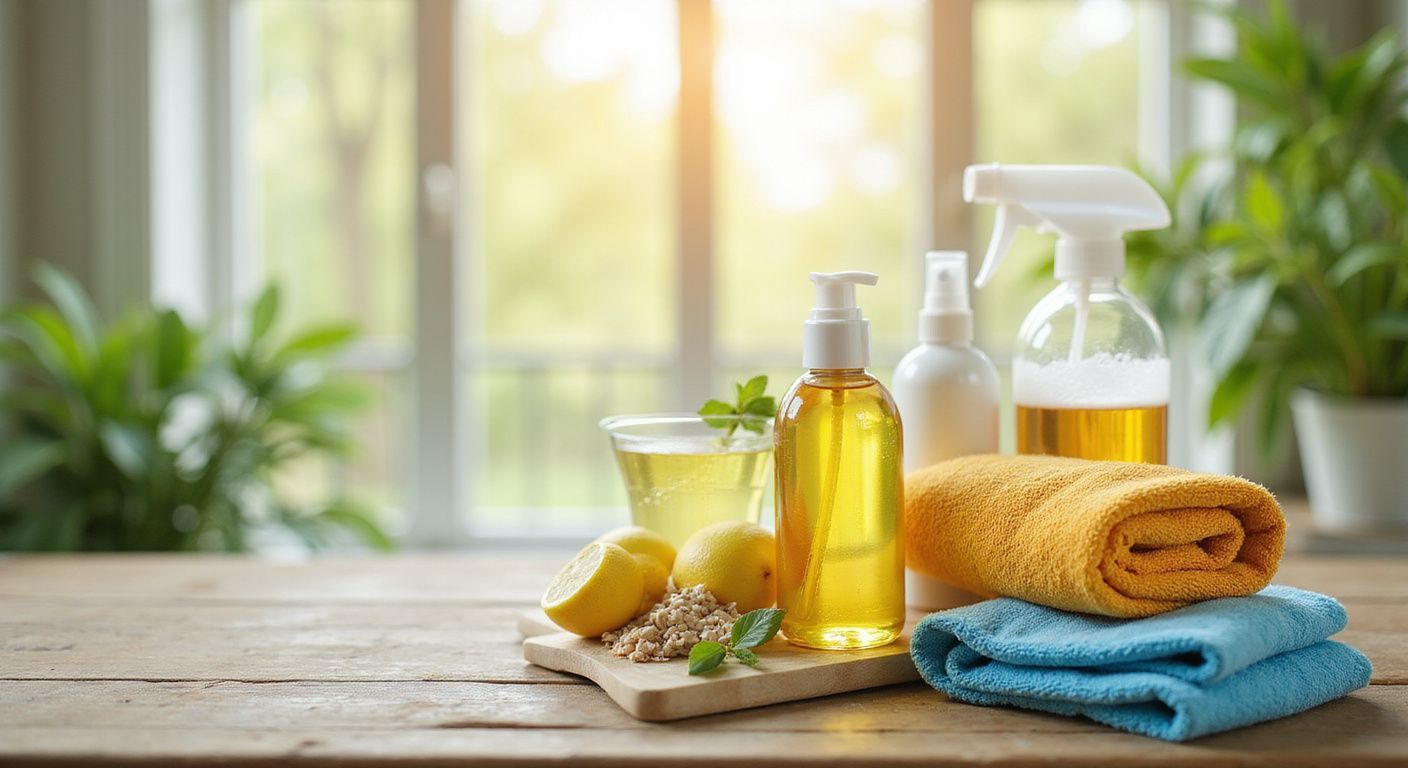Wooden table with cleaning supplies: spray bottles, towels, lemon, and plants.