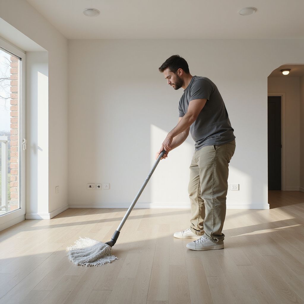 Man mopping a light-colored wood floor in a mostly empty room with a large window.