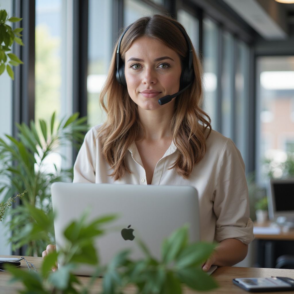 Woman with headset, laptop, and plants smiling in an office.