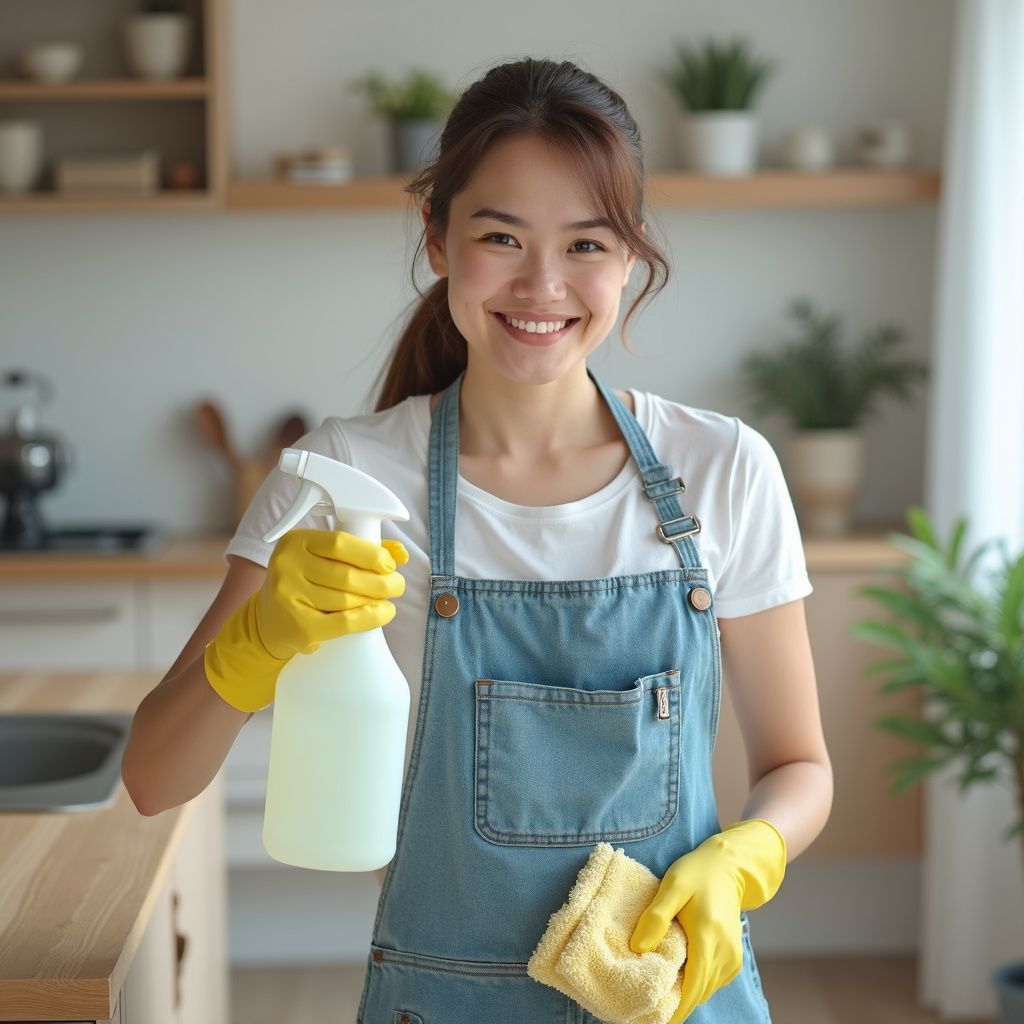 Woman in yellow gloves, holding a spray bottle and cloth, smiling in a kitchen.