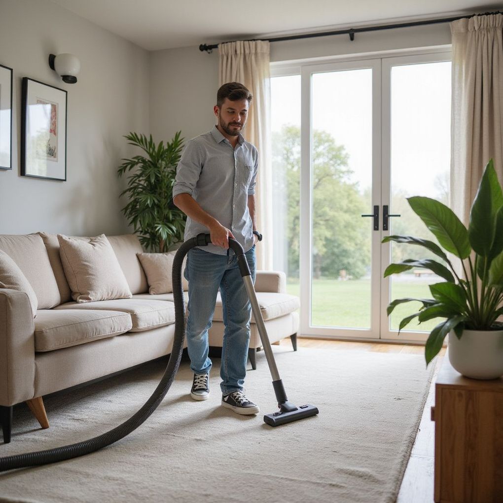 Man vacuuming a rug in a living room with a sofa, plants, and large windows.