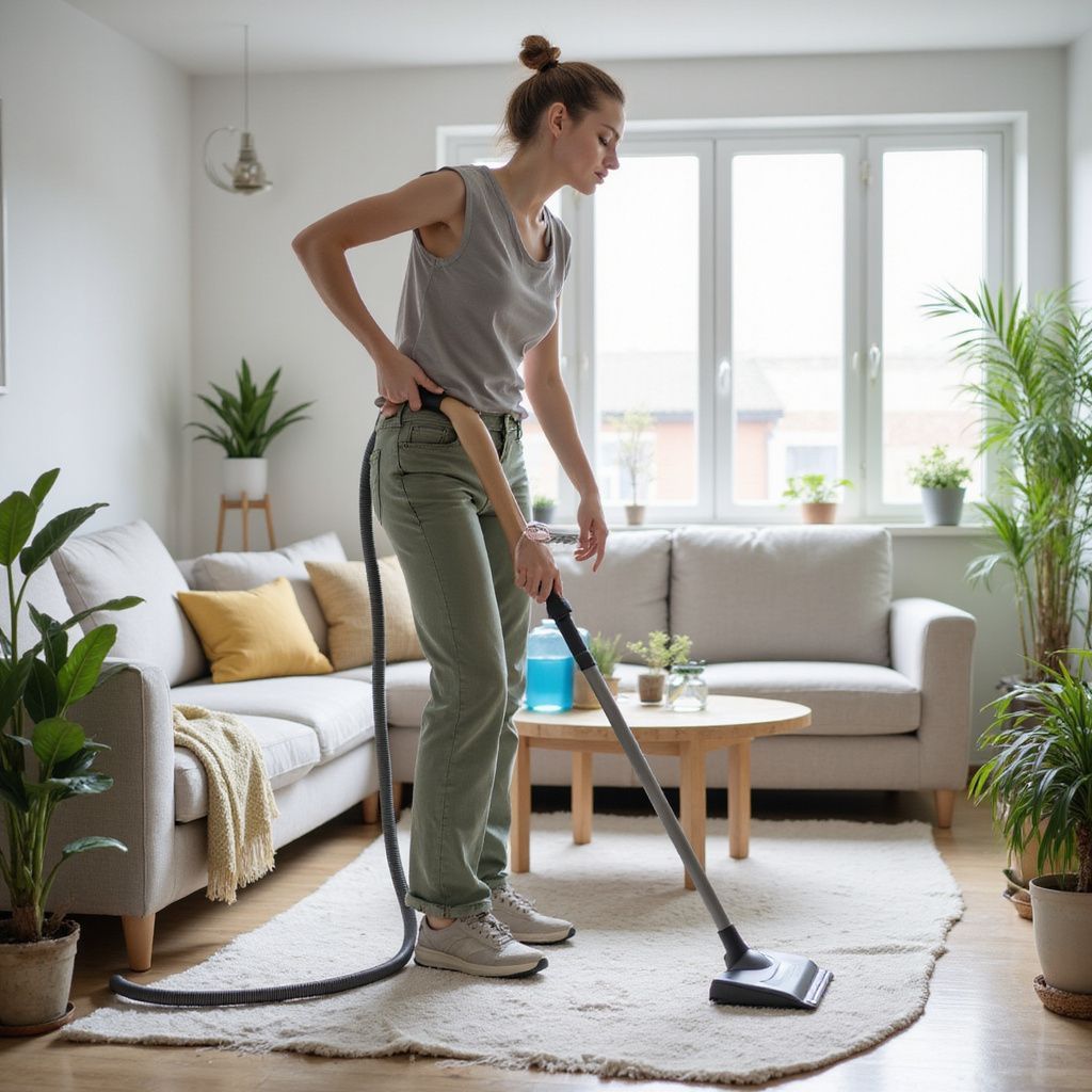 Woman vacuums a rug in a bright living room with plants and a couch.