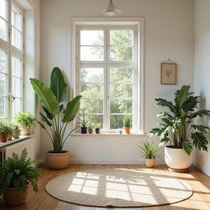 Sunlit room with plants near a large window, round rug, and a small framed artwork.