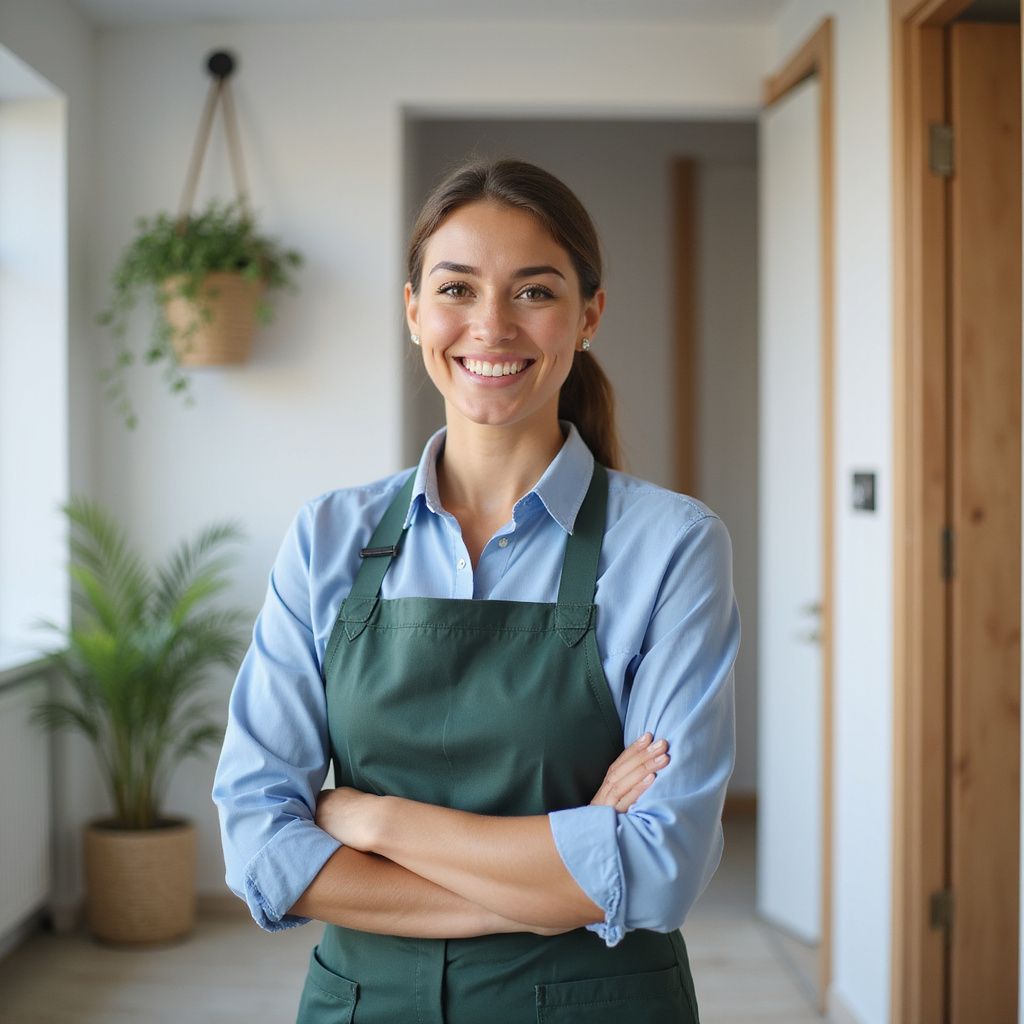 Woman smiling, wearing green apron and blue shirt, arms crossed, indoors near plants.