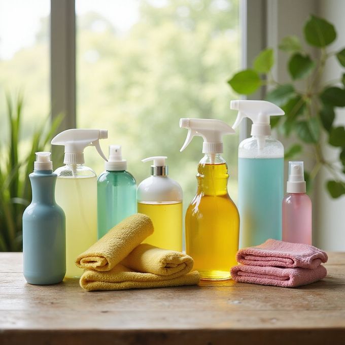 Cleaning supplies on a table: bottles of colored liquids, spray bottles, microfiber cloths in front of a window.
