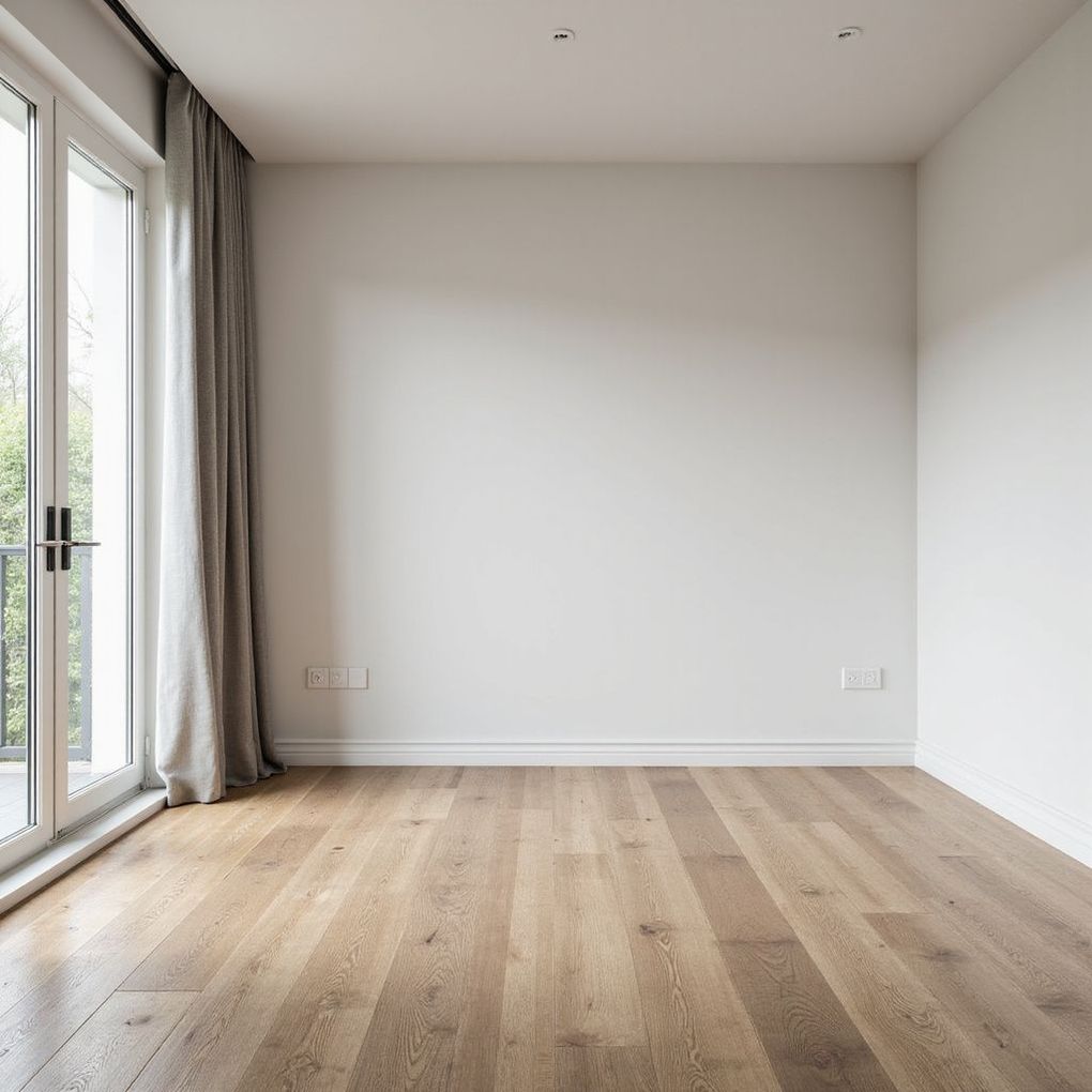 Empty room with wooden floor, white walls, and a glass door with curtains.