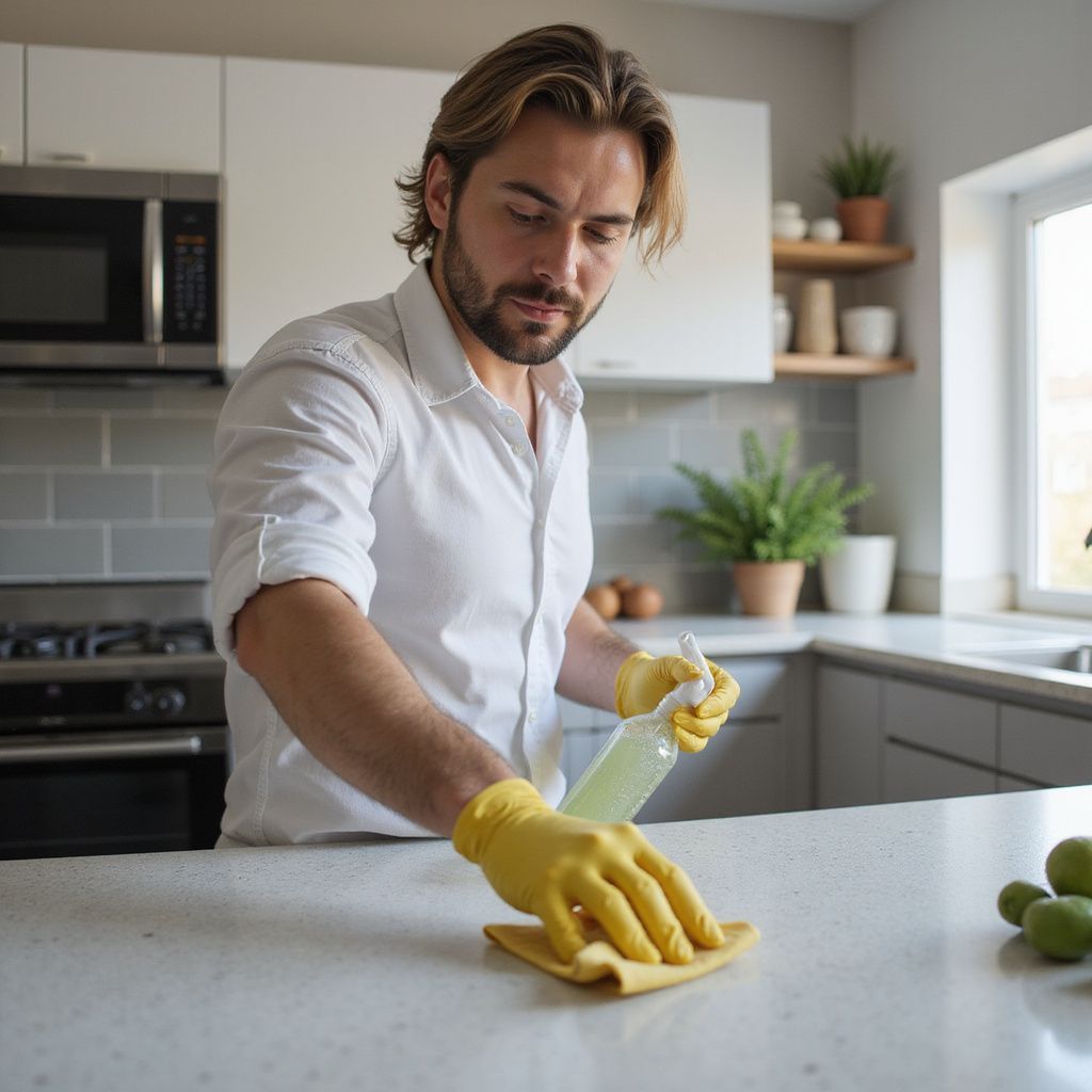Man in white shirt, yellow gloves, cleaning a kitchen countertop.