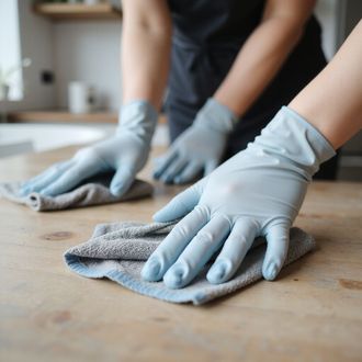 Two people wearing blue gloves cleaning a wooden surface with gray cloths.