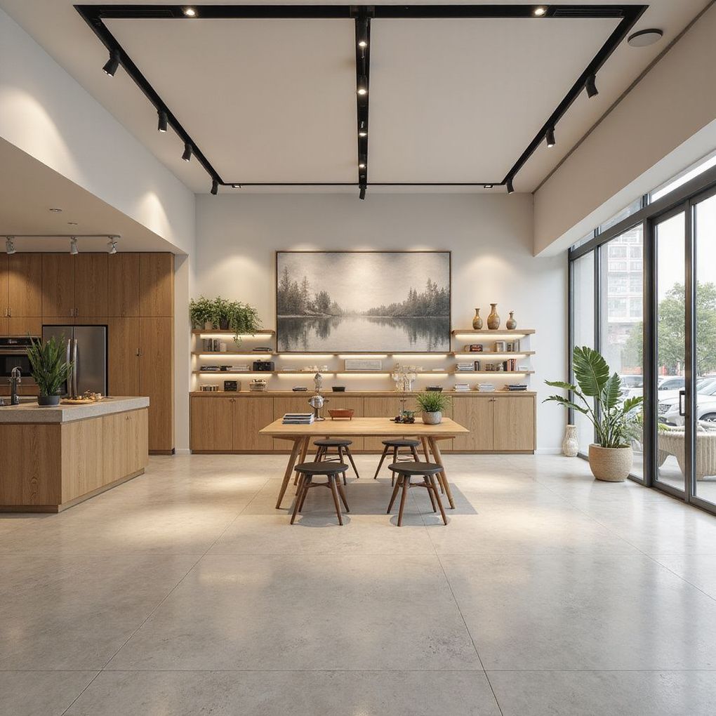 Modern showroom with wooden furniture, plants, and a large landscape art piece.