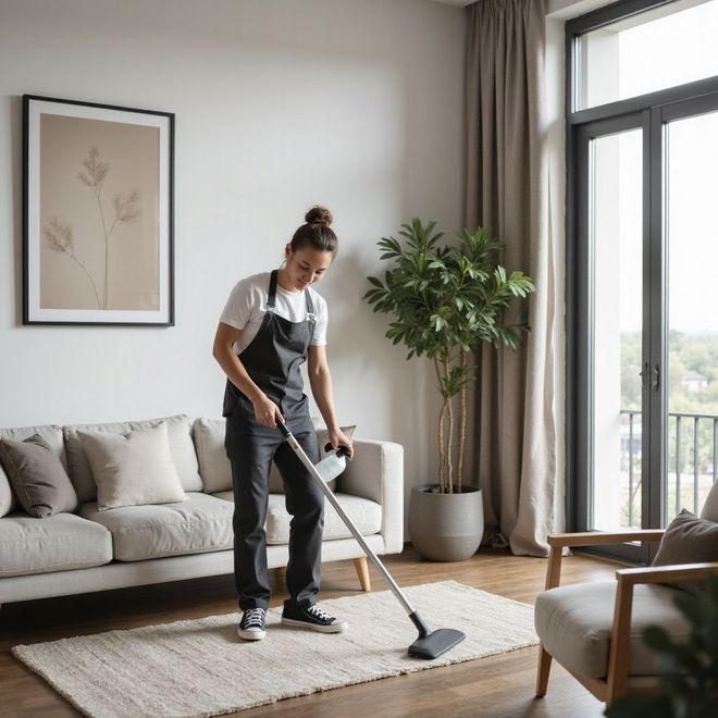 Woman vacuuming a rug in a bright living room.