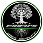 Frick's Tree Service logo with a white tree, green ring, and black background