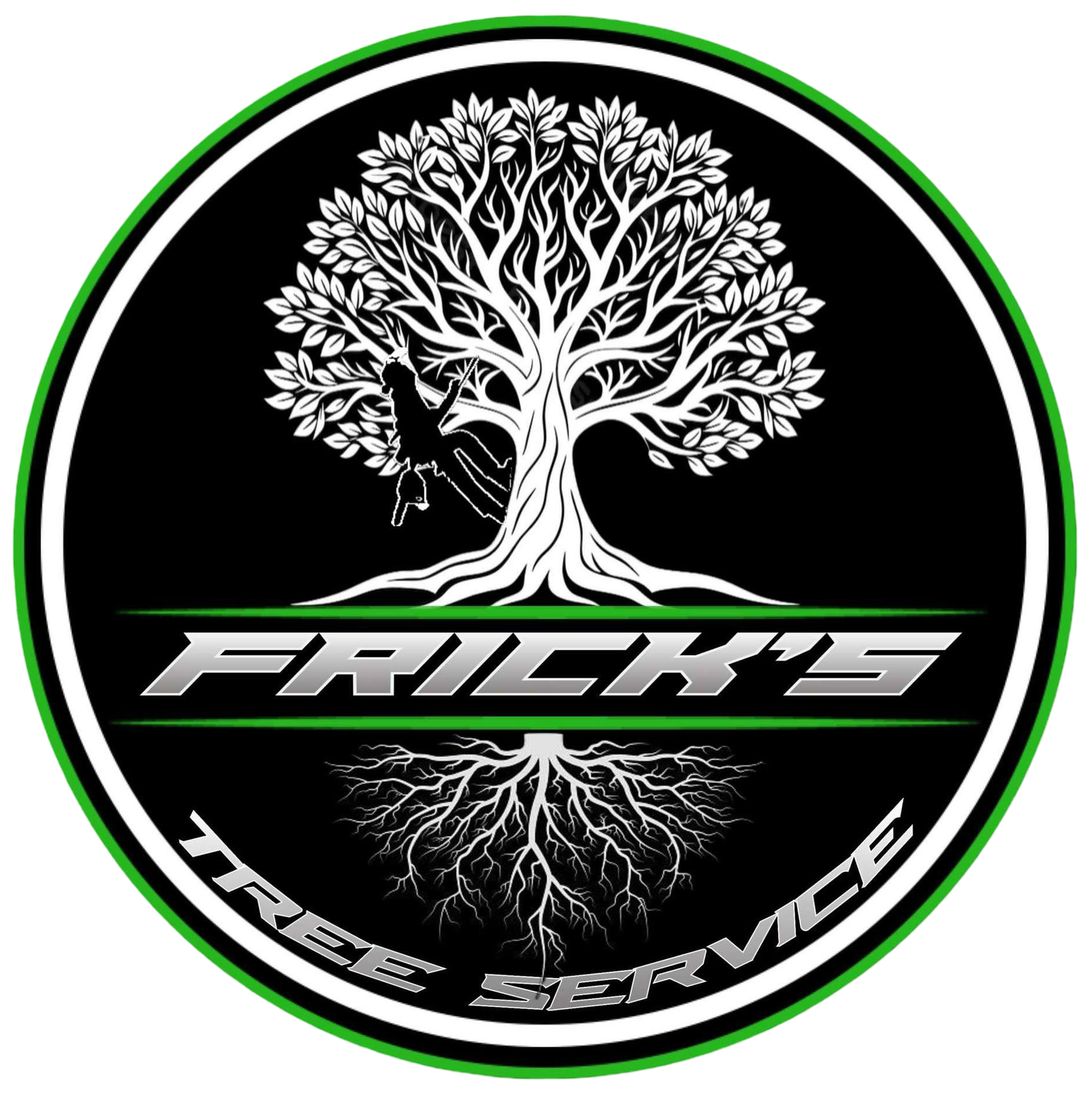 Frick's Tree Service logo with a white tree, green ring, and black background