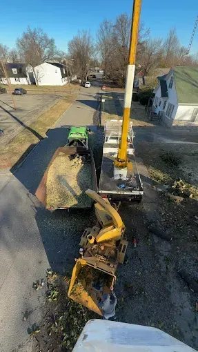 Yellow backhoe digging beside a road in a residential neighborhood, with a worker nearby.