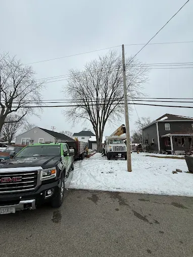 Snowy residential street with parked truck, houses, trees, and overhead power lines