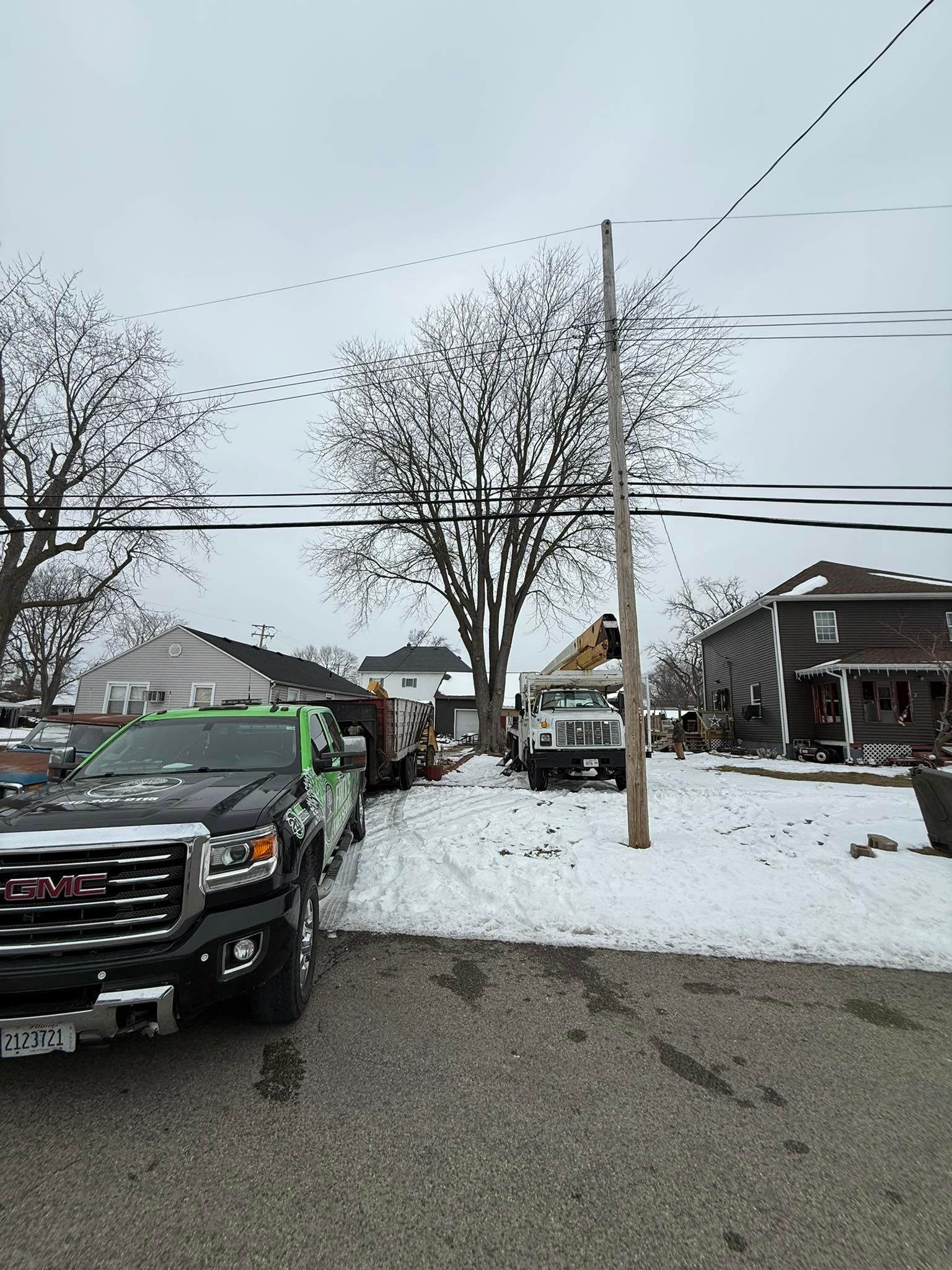 Snowy residential street with parked trucks, bare trees, and houses under an overcast sky