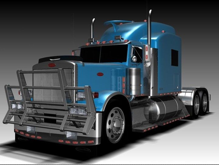 A blue peterbilt semi truck with a fence on the front