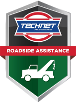 A shield with a tow truck on it that says roadside assistance. | Action Service Center