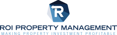 Logo for ROI Property Management, with a blue geometric shape and the letter R with an arrow.