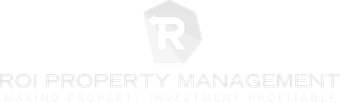 Logo for ROI Property Management, light gray text with geometric design of the letters ROI and an upward arrow.