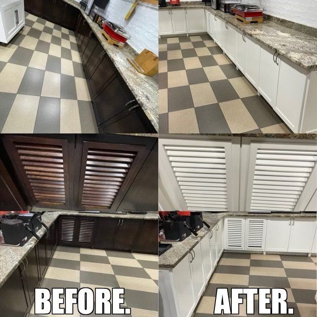 A before and after photo of a kitchen with checkered floors