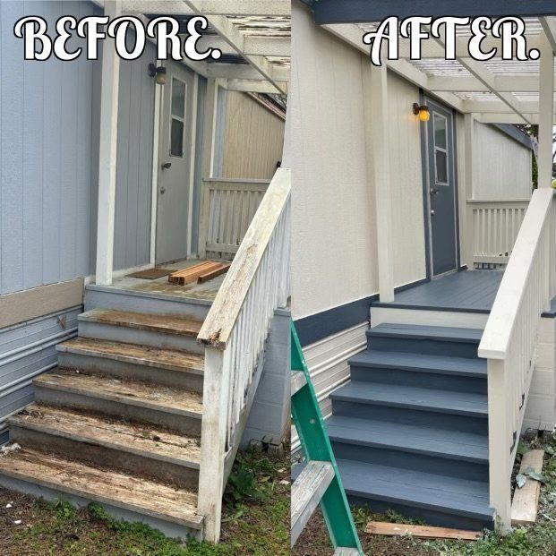 A before and after picture of a porch and stairs