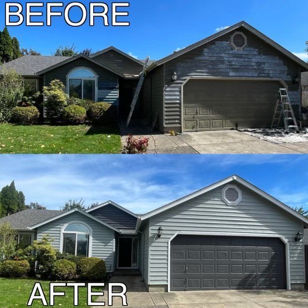 A before and after picture of a house being painted
