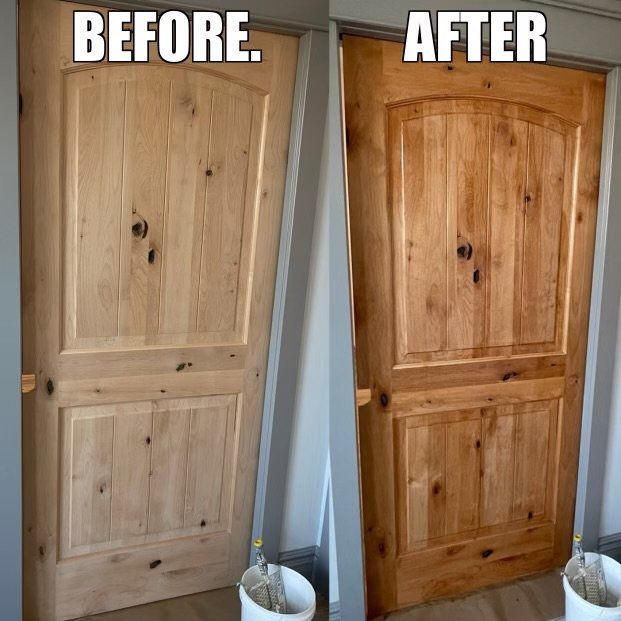 A before and after picture of a wooden door.