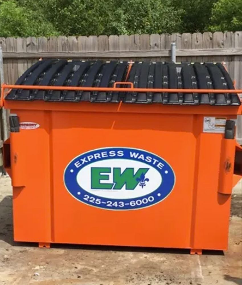 An orange dumpster with the word express waste on it