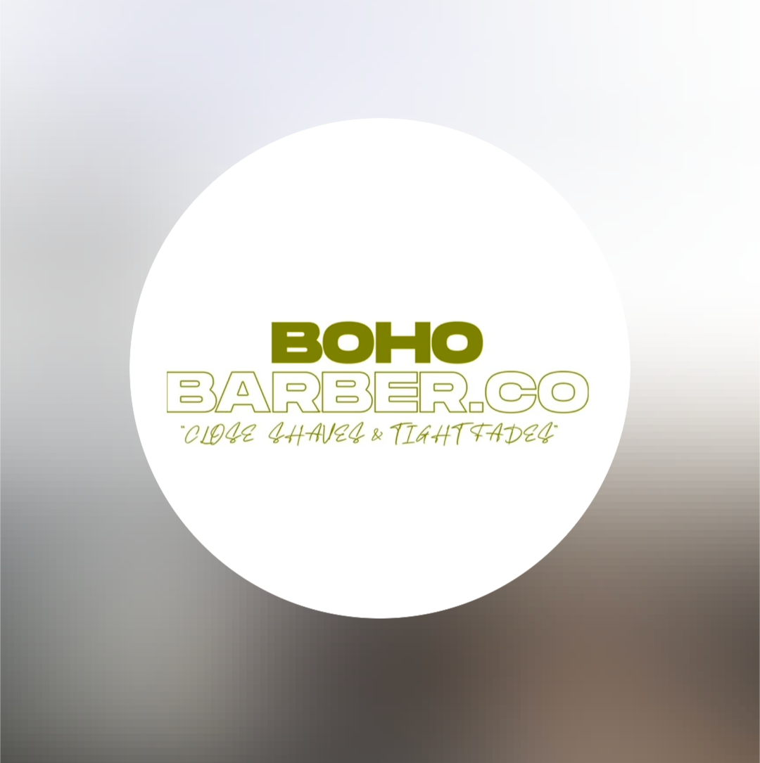 BOHO BARBER.CO logo in olive green and white on a circular white background