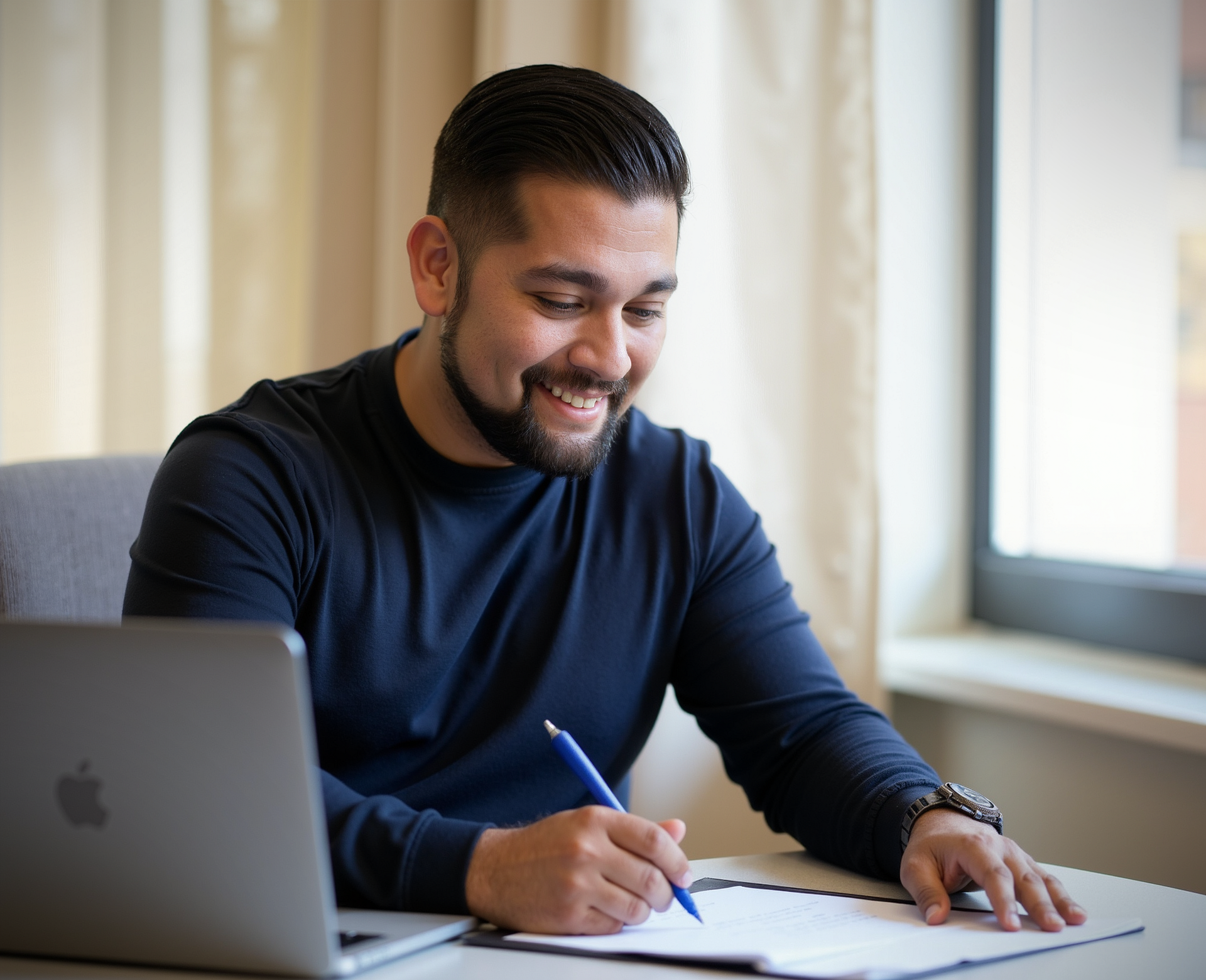 A man is sitting at a desk with a laptop and writing on a piece of paper.