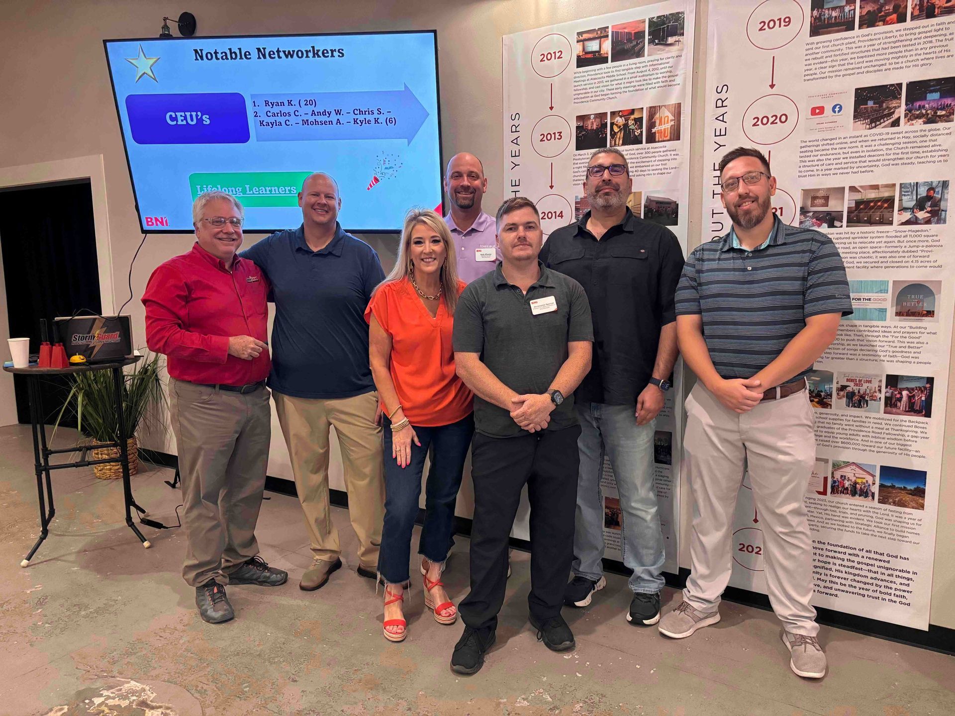 A group of people are posing for a picture in front of a projector screen.