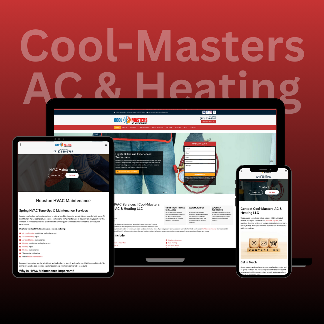 Cool-Masters AC & Heating website displayed on tablet, laptop, and phone screens against a red gradient background.