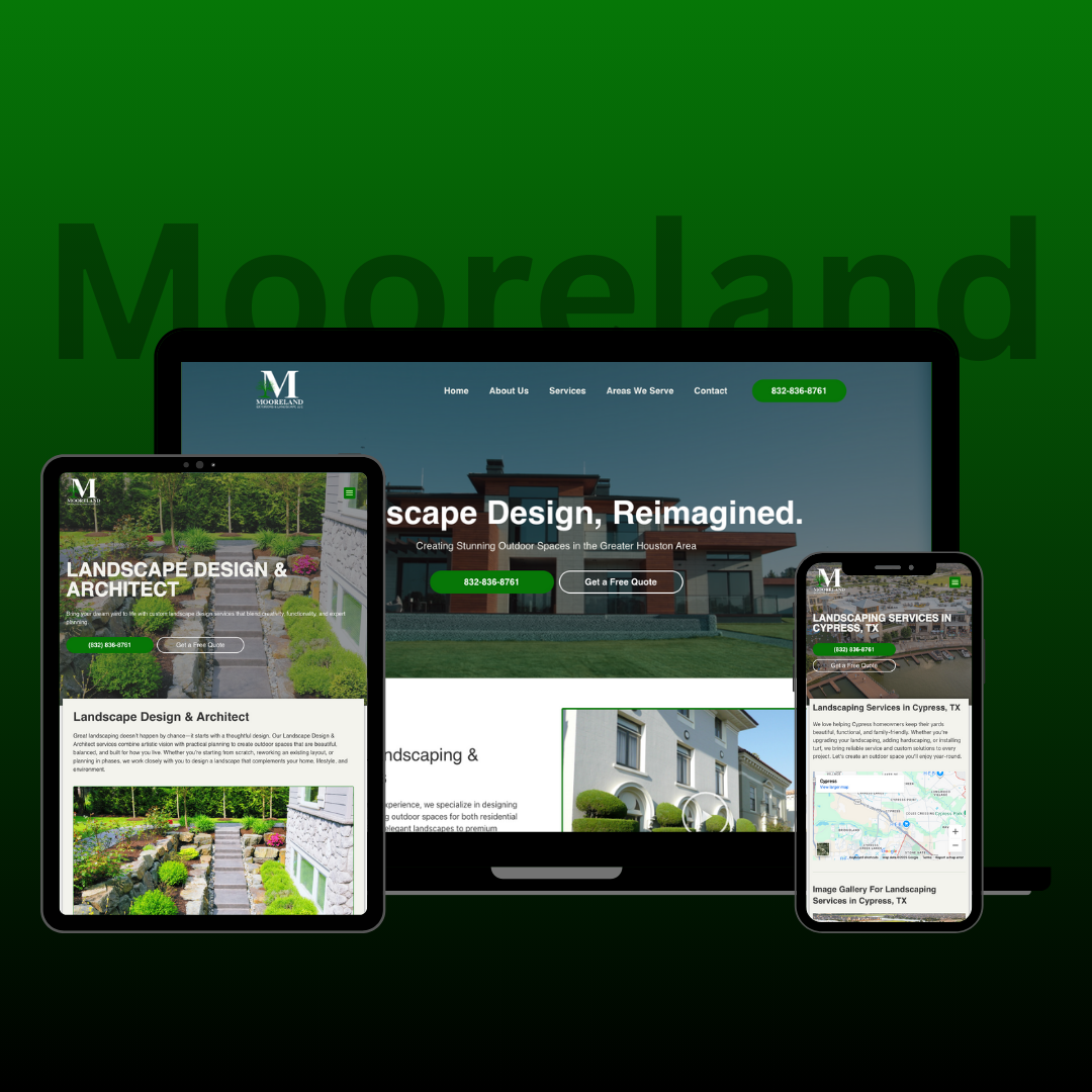 Mooreland website displayed on tablet, laptop, and phone screens. Green background.
