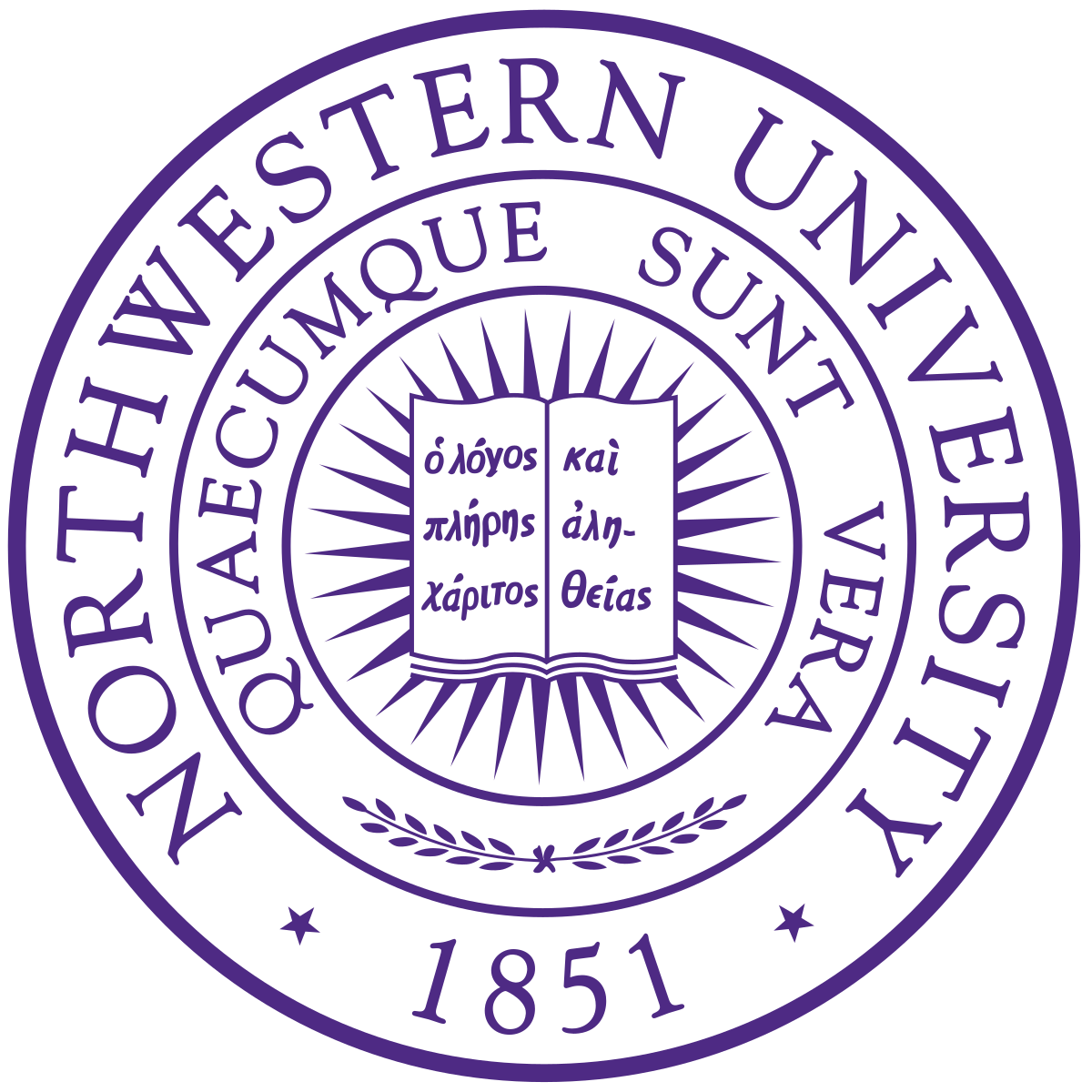 A purple seal for northwestern university with a book in the center