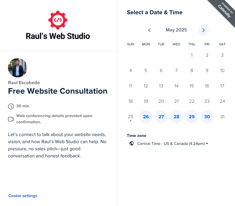 A calendar for raul 's web studio shows a free website consultation