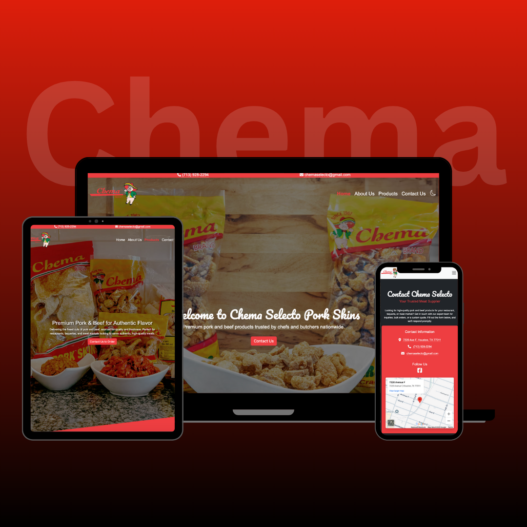 A phone a tablet and a laptop are displaying a chema website