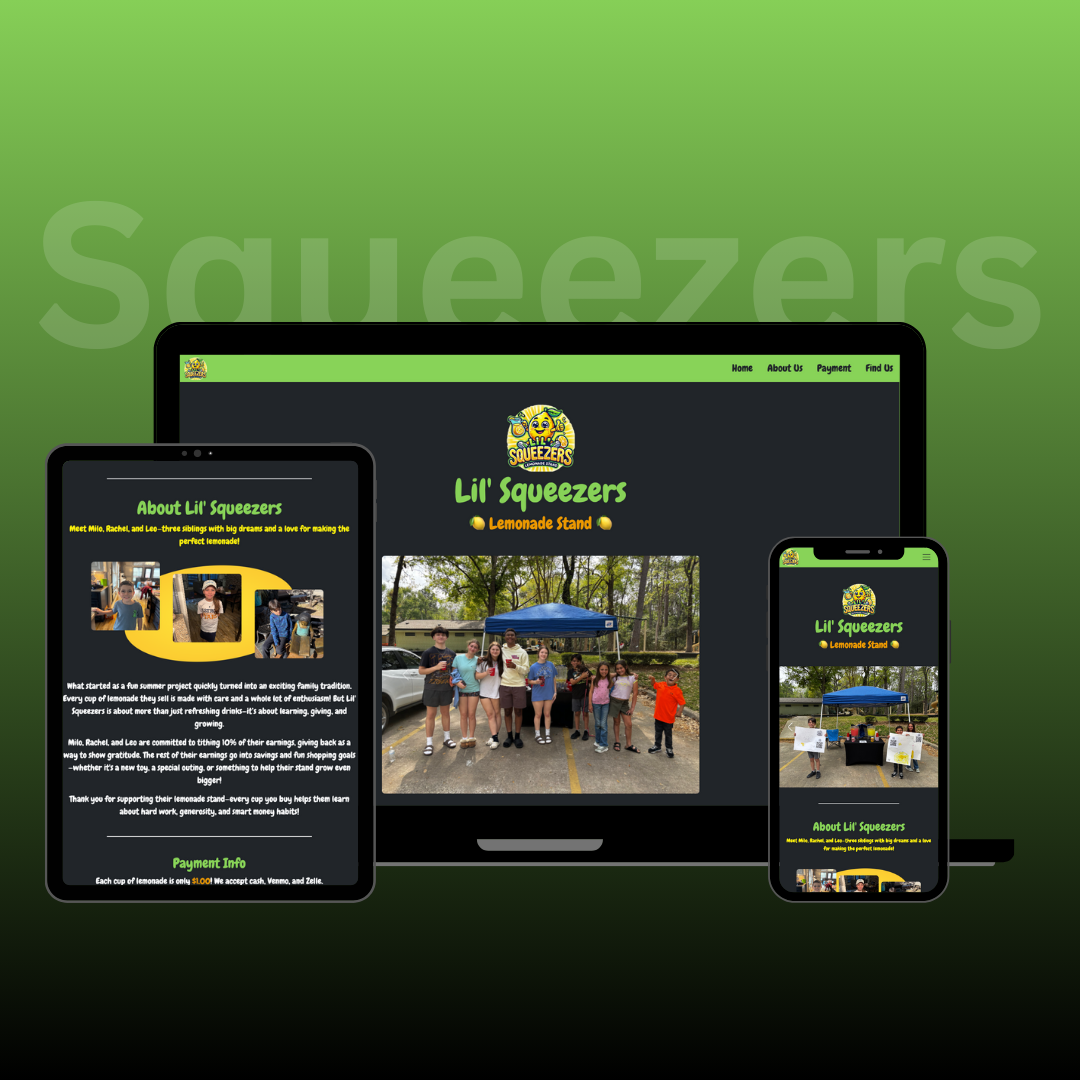 A website for lil squeezers is displayed on a laptop tablet and phone