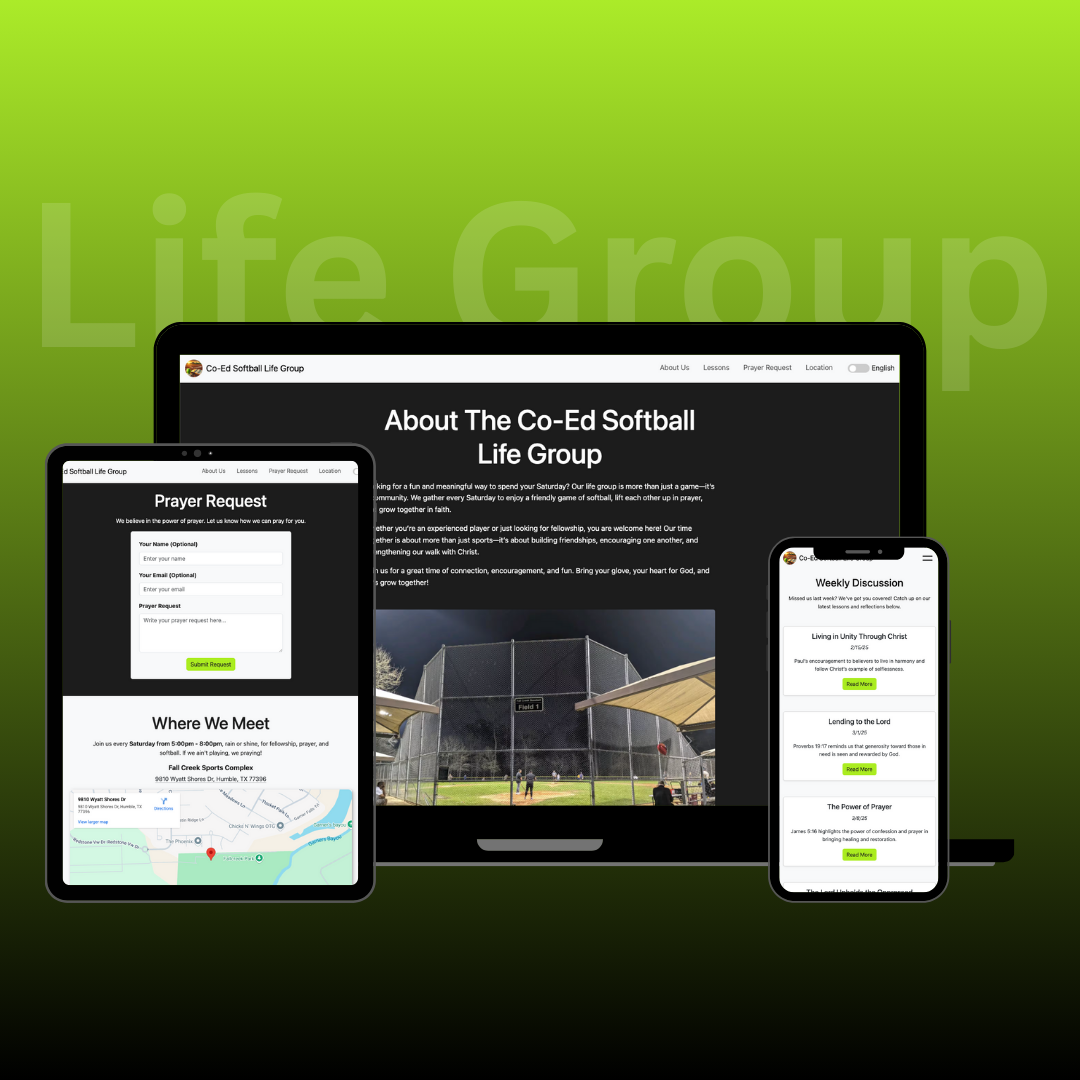 A life group website is displayed on a laptop , tablet , and cell phone.