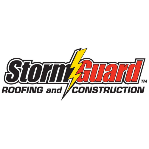 A logo for storm guard roofing and construction with a lightning bolt.