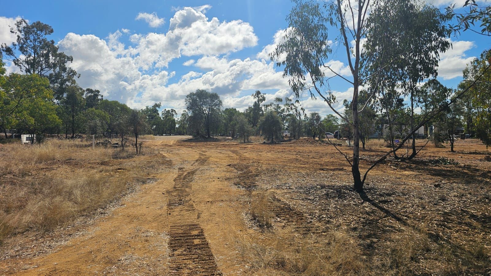 Dirt Track Through Dry, Grassy Field With Scattered Trees — NPX Solutions In Rockhampton City, QLD